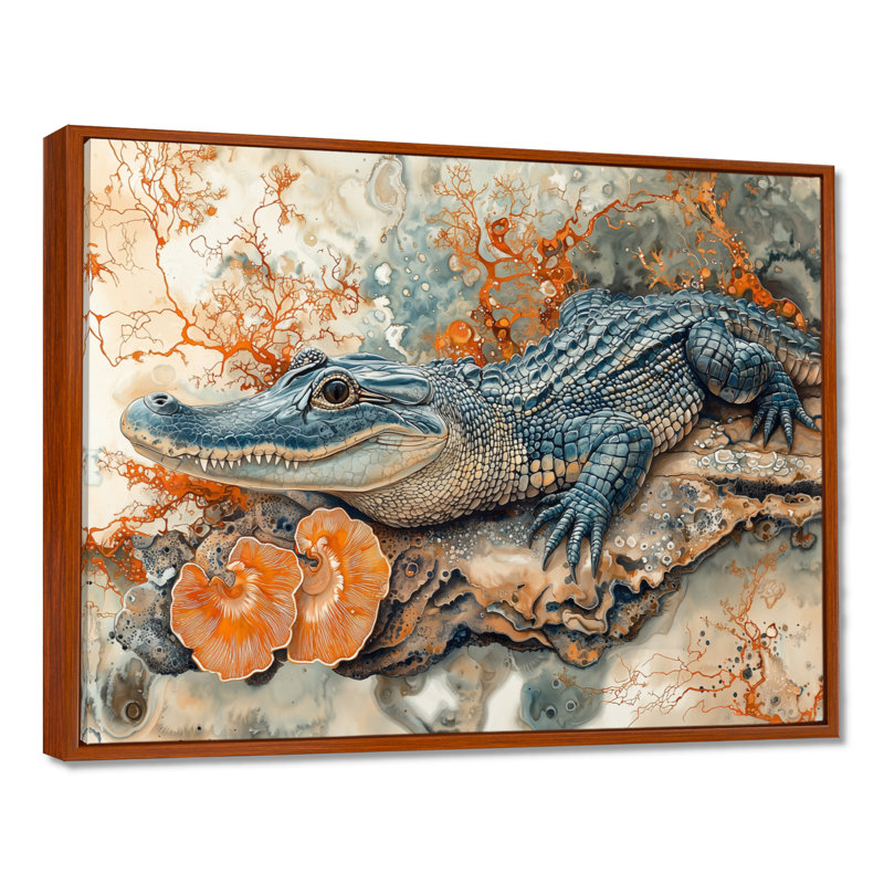 Aligator and Marble Felections II - Crocodile, art mural, H 12 po x l 20 po, Cadre flottant, Brun