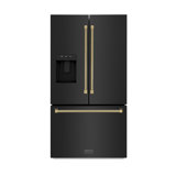 ZLINE Autograph 36 in. Standard-Depth Fridge w/ Dual Ice Maker in Black Steel & Gold Helix Handles
