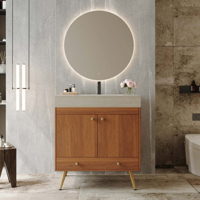 Meuble-lavabo autoportant de style Mid-Century avec comptoir en faux marbre et lavabo en céramique, armoire de rangement à double porte de 30 po, pieds en bois d'ingénierie imperméables