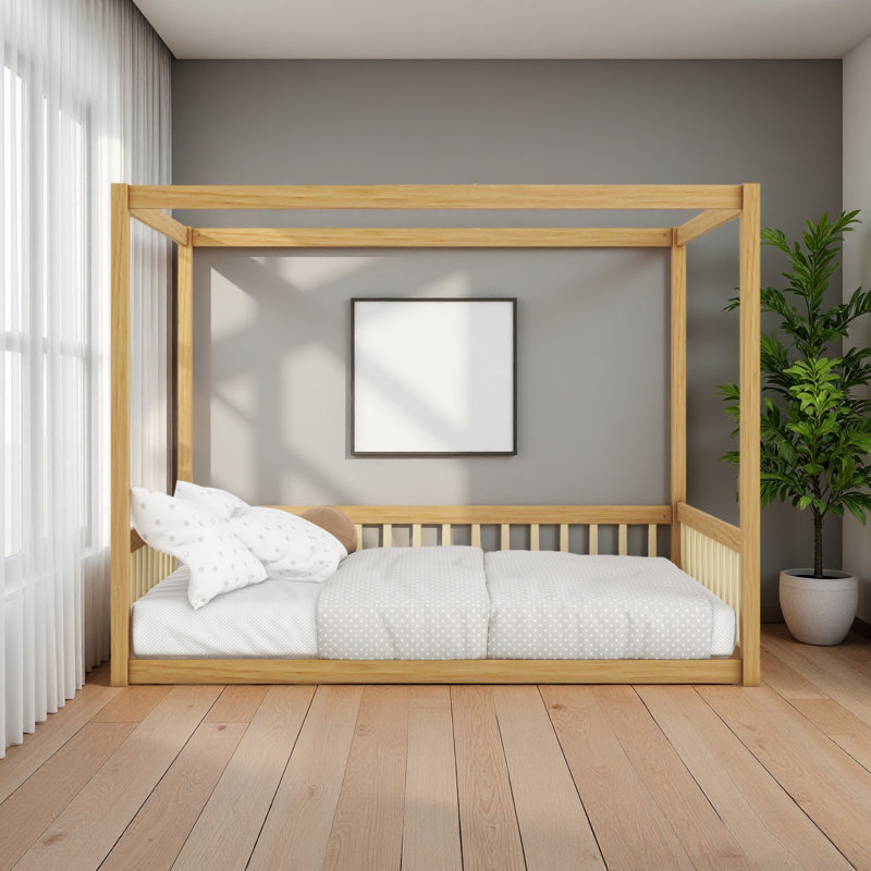 Full Size Canopy Frame Rubber Wood Floor Bed With Fence,Guardrails, Natural