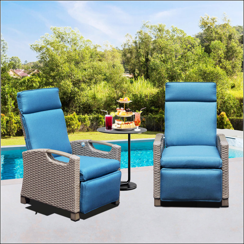 Patio Recliner With Hand-Woven Wicker, Blue