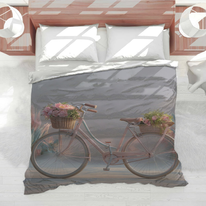 Pink Bicycle With Flowers Comforter, King