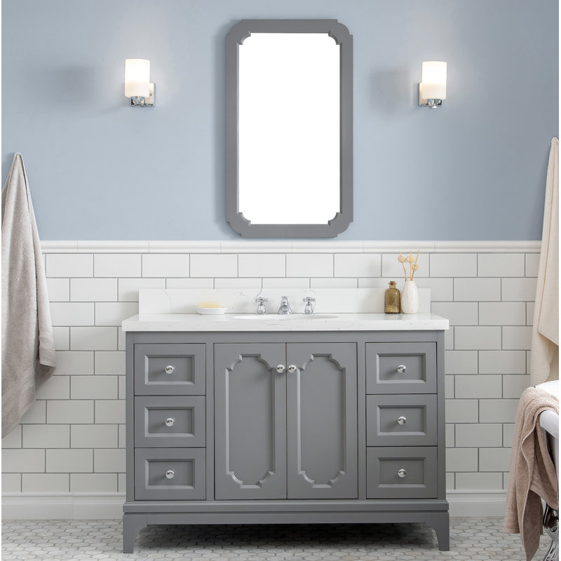 Queen 48" Sink Carrara Quartz Countertop Bath Vanity with Faucet and Mirror, Standard, Cashmere Grey