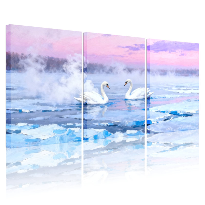 Birds Swans On Ice Lake At Dawn, ciel rose, ensemble de 3 impressions sur toile, H 18 po x l 36 po
