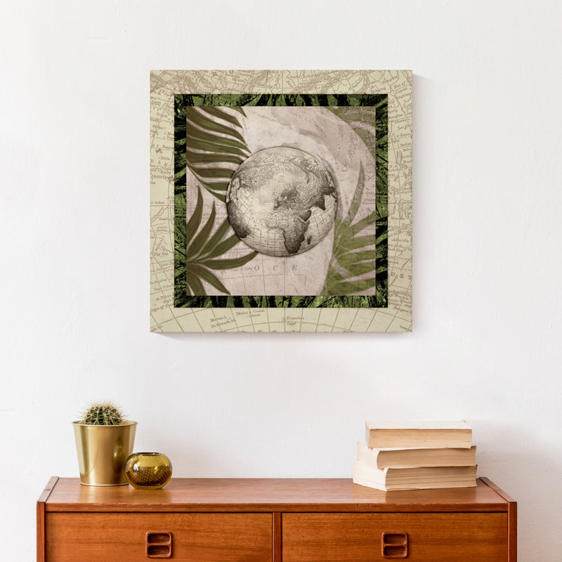 Globe sur palmiers sur toile, H 31,75 po x l 31,75 po x P 1,75 po, Cadre flottant noir