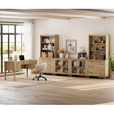 Living Room Table Set - Farmhouse Style Desk And TV Stand Combo Set, TV Console Cabinet With Bookshelves For Tvs Up To 75", Glass Storage Cabinet, 5 Drawers Writing Desk For Home Office And Living Room