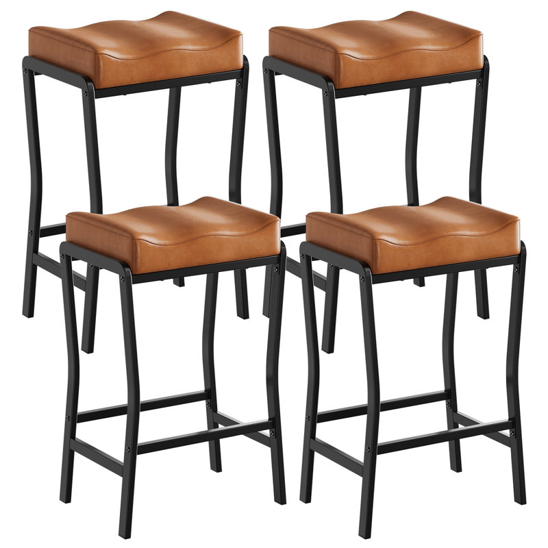 Modern Counter Height Bar Stools, 66 cm Faux Leather Saddle Seat with Metal Frame and Footrest for Kitchen Island, 4-pack