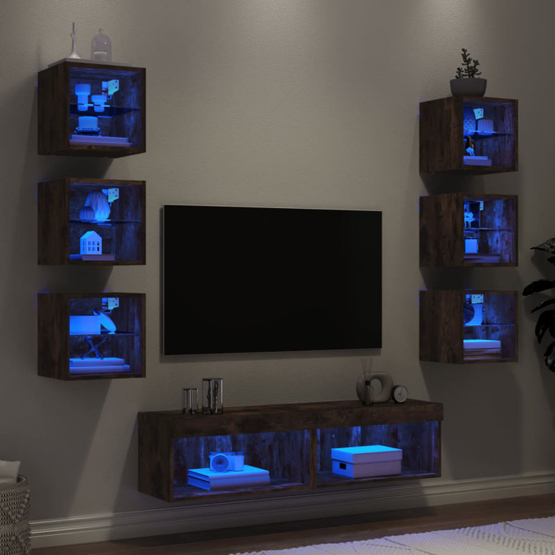  8 Piece TV Wall Units With LED Engineered Wood, Smoked Oak