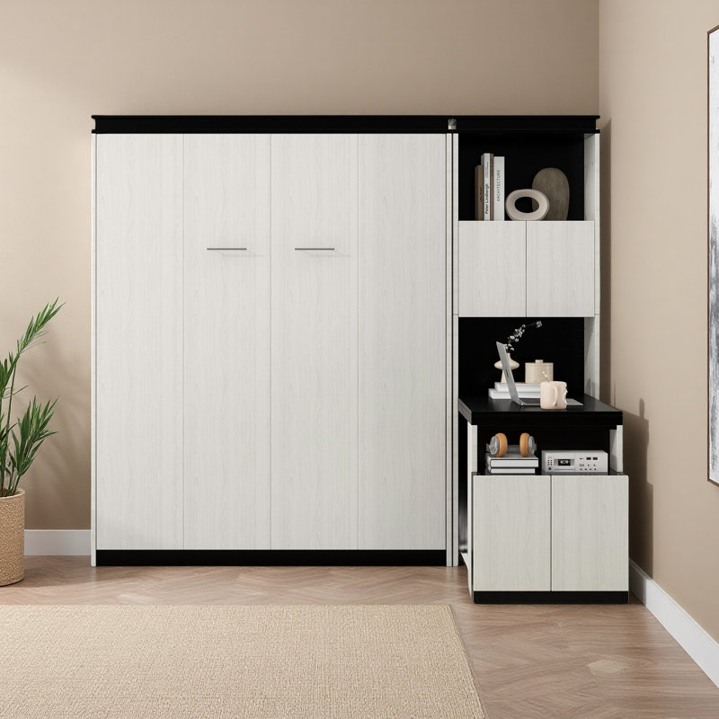 Lit escamotable double avec bureau, tablettes et armoires de rangement