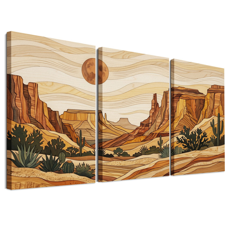 Desert Canyon avec cactus et texture de grain de bois, ensemble de 3 toiles, H 24 po x l 16 po x 3 pièces