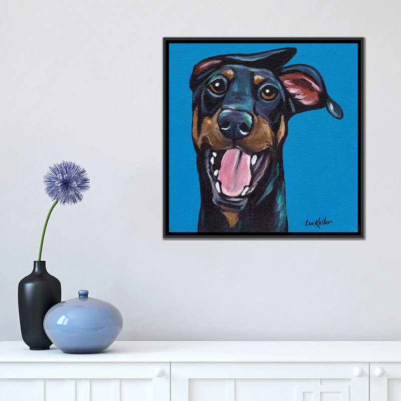 «Fun Doberman» par Hippie Hound Studios, impression sur toile tendue, H 18 po x l 18 po x P 1,5 po, Toile avec cadre noir