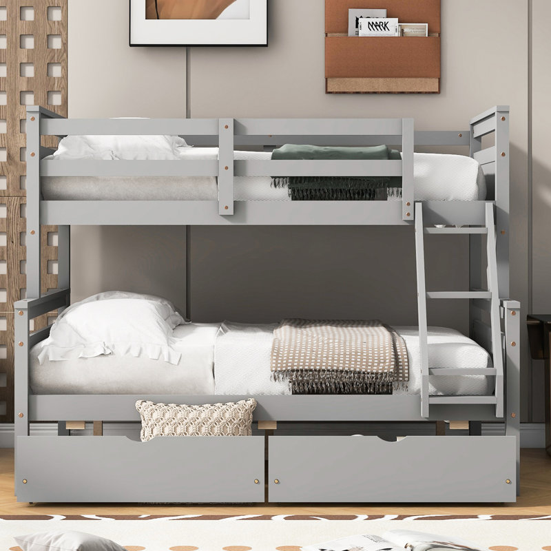 Lit superposé simple au-dessus d'un lit double, gris, avec espace de rangement gris, Gris