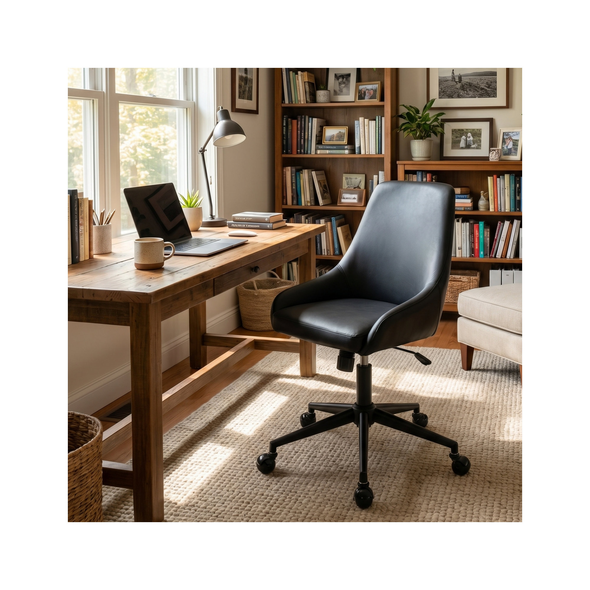Vanora Swivel Office Chair, Black Faux Leather