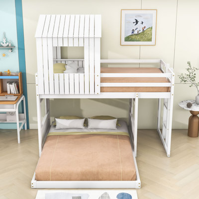 Wooden Twin Over Full Bunk Bed With Ladder & Guardrails, Playhouse Design
