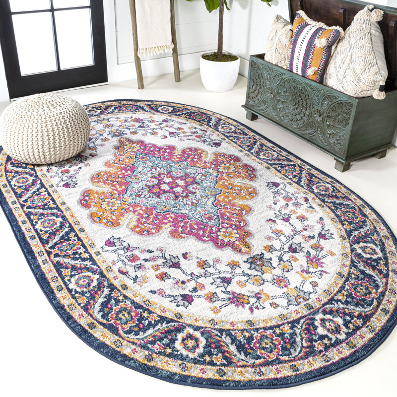 Tapis bleu / jaune / crème Lathan, Ovale 5 pi 3 po x 8 pi