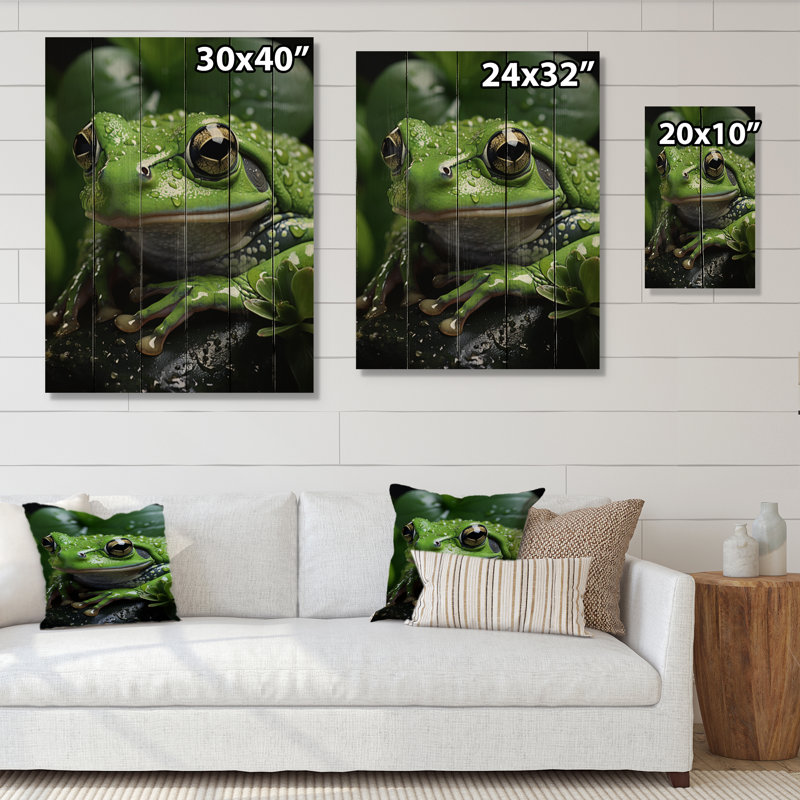 Portrait de grenouille verte sur bois, H 32 po x l 24 po x P 0,78 po