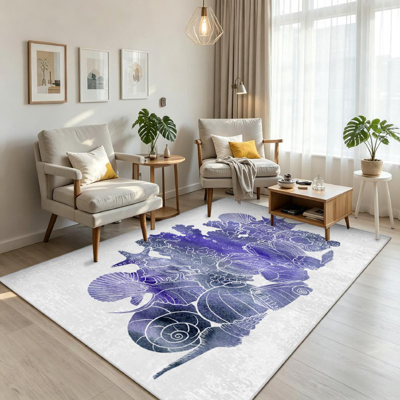 Tapis bleu aquarelle bleu à motif de coquillages dessinés à la mer, Rectangle 71" x 98"