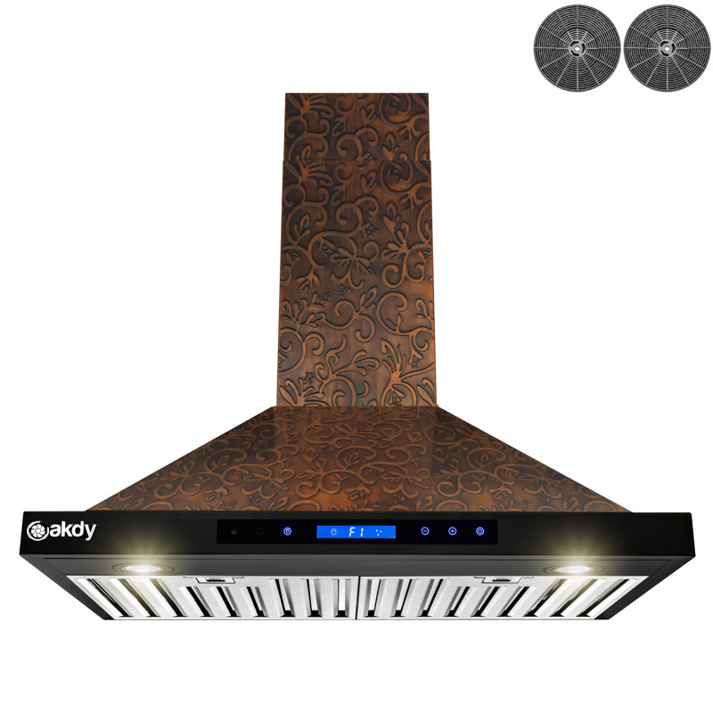 Hotte murale convertible de 30 pouces avec vigne en cuivre embossé, 343 pi3 / min, 4 vitesses de ventilateur, commandes à écran tactile, contrôle de retrait et filtre à charbon