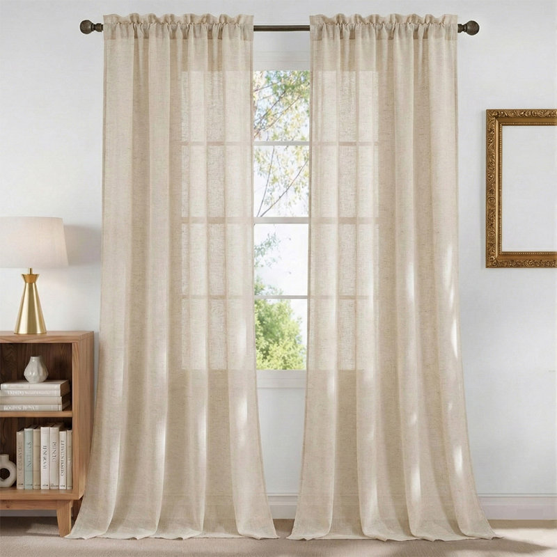 Natural Linen Blend Curtains Semi-Sheer Rod Pocket Curtain Panels for Living Room Privacy Drapes Linen Textured Sheer Curtains