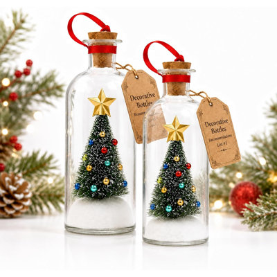 Ornement de Noël en bouteille avec enregistrement vocal (2 pièces), souvenir de 30 secondes avec mini sapins enneigés, décoration de Noël en verre