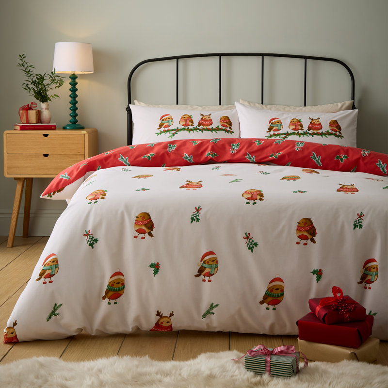Christmas Robins Reversible Duvet Cover Set, Double