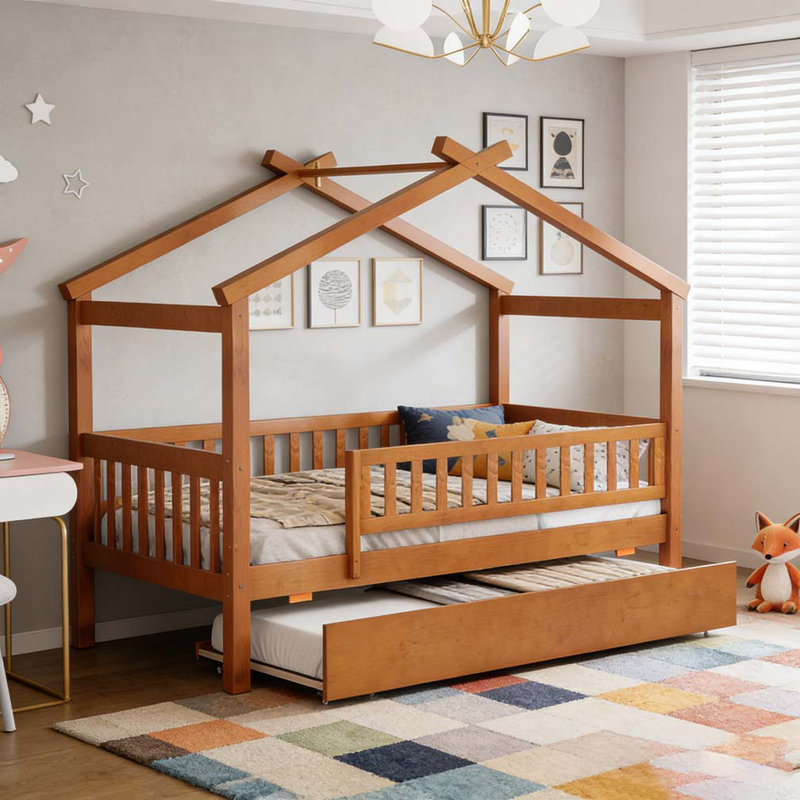 Lit gigogne en bois, Lit simple, Noyer