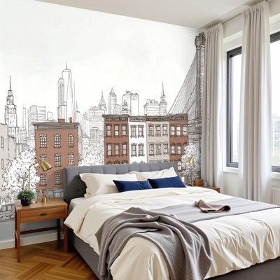 Peel and Stick Wallpaper 96" W x 69" H Modern Self Adhesive Wall Mural for Bedroom New York City seamless citys skyline hand drawn