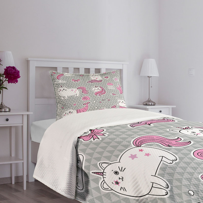 Twin White Quilted Unicorn Cat Mermaid Bedspread Set