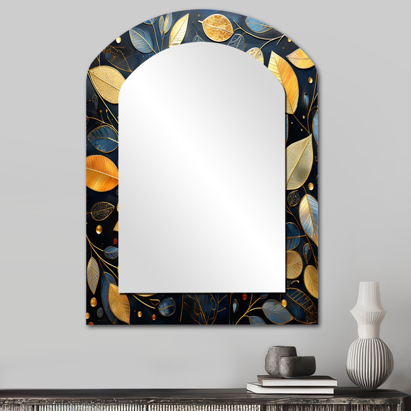 «Black and Gold Leaf Charm In Winter - Leaves Arch Unique Wall Mirror Decor», grand miroir asymétrique doré, impression sur métal