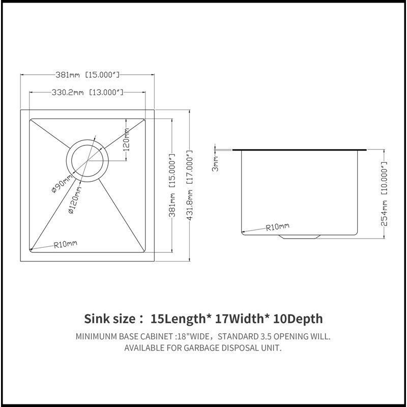 15"X 17"X 10" Undermount Singel Bowl Kitchen Basin 16 Gauge Stainless Steel With 10 Inch Deep, Gunmetal Black
