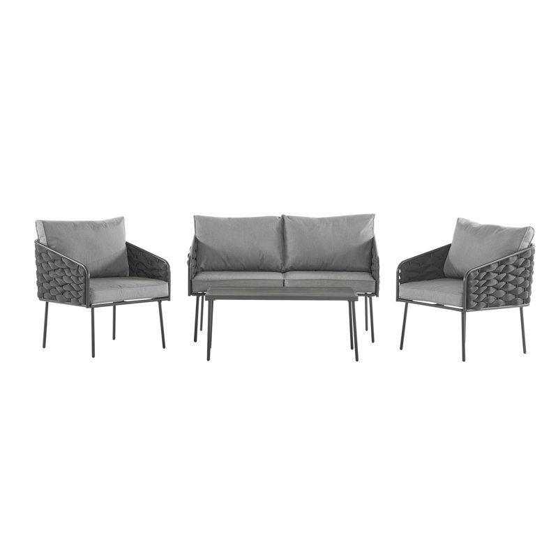 4-Pieces Outdoor Metal Patio Furniture Set, 4-Seat Patio Furniture Sofa Set With Cushion, Modern Outdoor Furniture Deep Seating For Porch, Garden, Backyard, Balcony, Grey