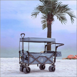 Collapsible Wagon 140L Wagons Carts Foldable With Removable Canopy Folding Wagon Cart With Wheels For All-Terrain With Brake Foldable Wagon With Cooler Bag For Camping Beach Shopping