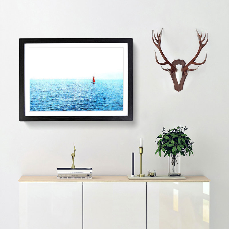 Solo Red Sailboat And Seascape - Single Picture Frame Painting on MDF, Black Framed, 24cm H x 33cm W x 2cm D