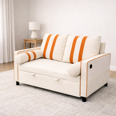 Modern Beige 2 Seater Sleeper Bed With Charging, 3 - Position , Elastic Armrest, For Relaxed Home Guest Rooms, 68.5" Wide Convertible Small Apartment