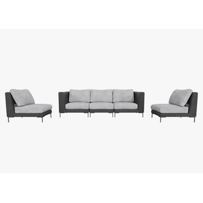 Canapé d'extérieur en osier noir avec chaises sans accoudoirs - 5 places, gris brouillard du Pacifique