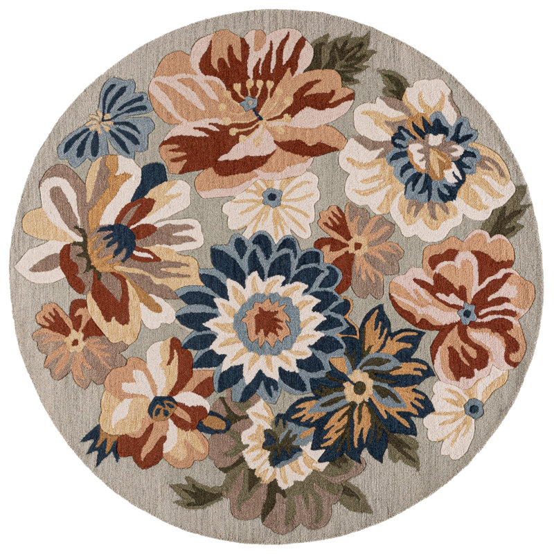 Laine touffetée à la main Jardin; Tapis d'intérieur floral en coton, Rond 6 pi