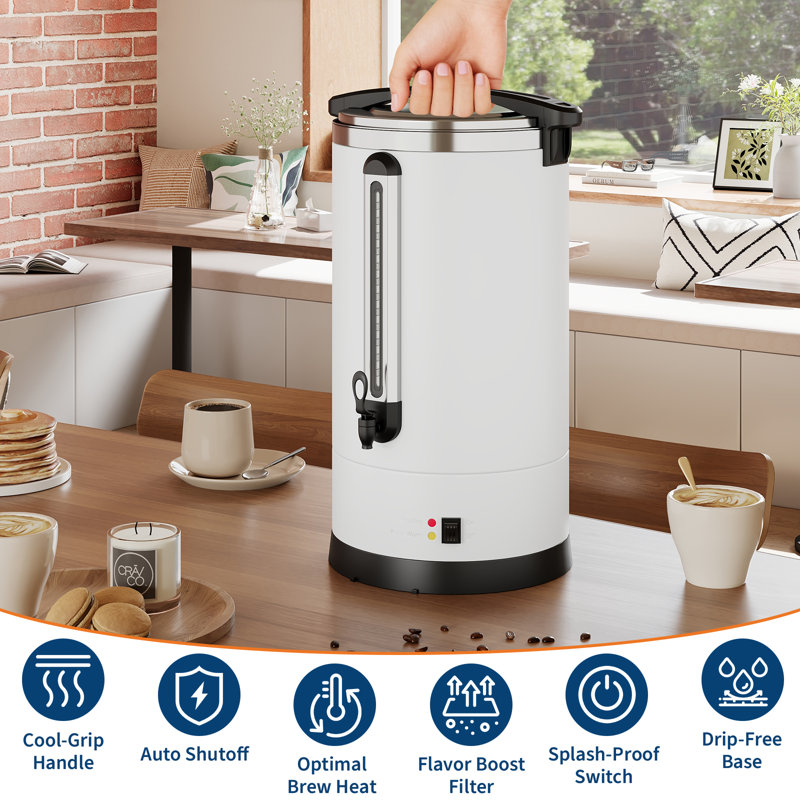 Urne à café double couche 14 L, distributeur de boissons chaudes de grande capacité de 3,7 gallons avec ramasse-gouttes en plastique, cafetière à revêtement blanc pour la restauration, le buffet, le bureau, la maison