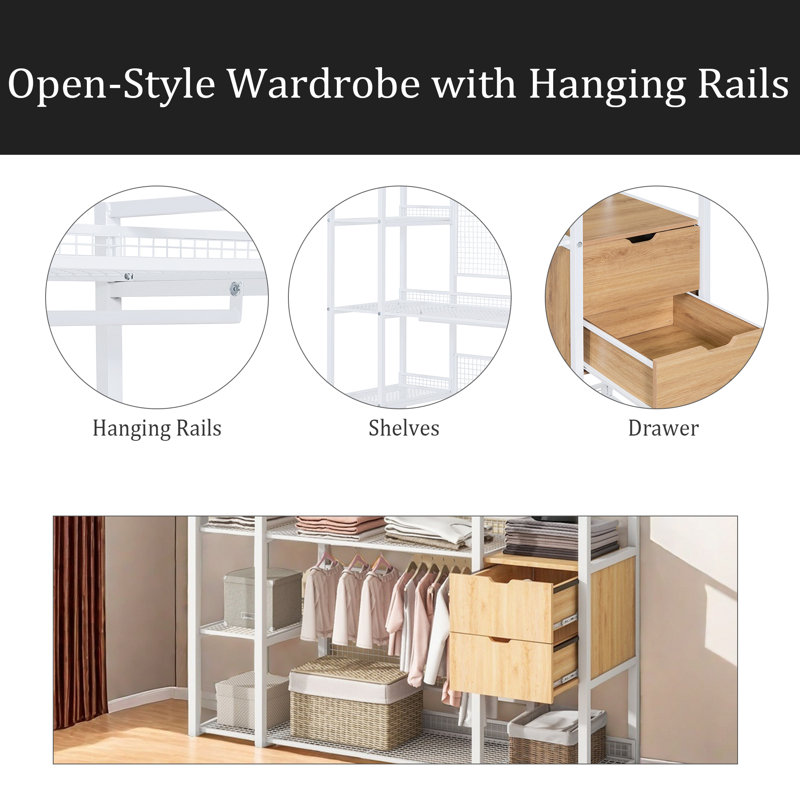 Garde-robe de style ouvert avec rails suspendus, tablettes et tiroirs, Blanc
