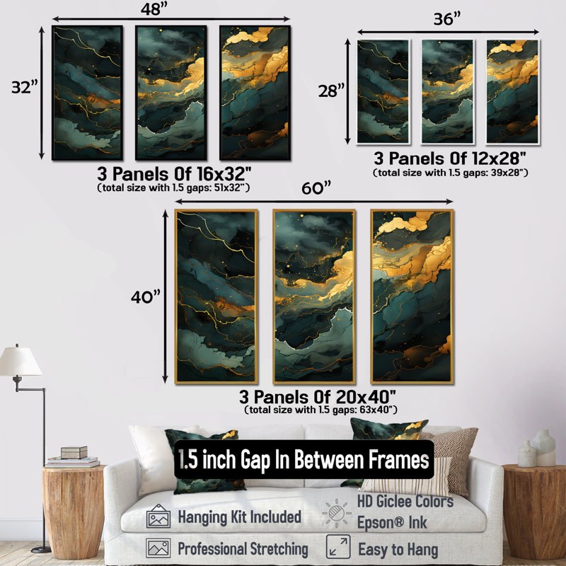 Décoration murale dorée et verte abstraite Aura III - marbre, Cadre flottant doré, H 32 po x l 48 po x P 1 po