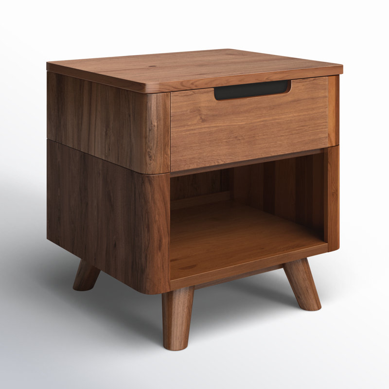 Walnut Mid-Century Modern 1-Drawer Nightstand with Shelf
