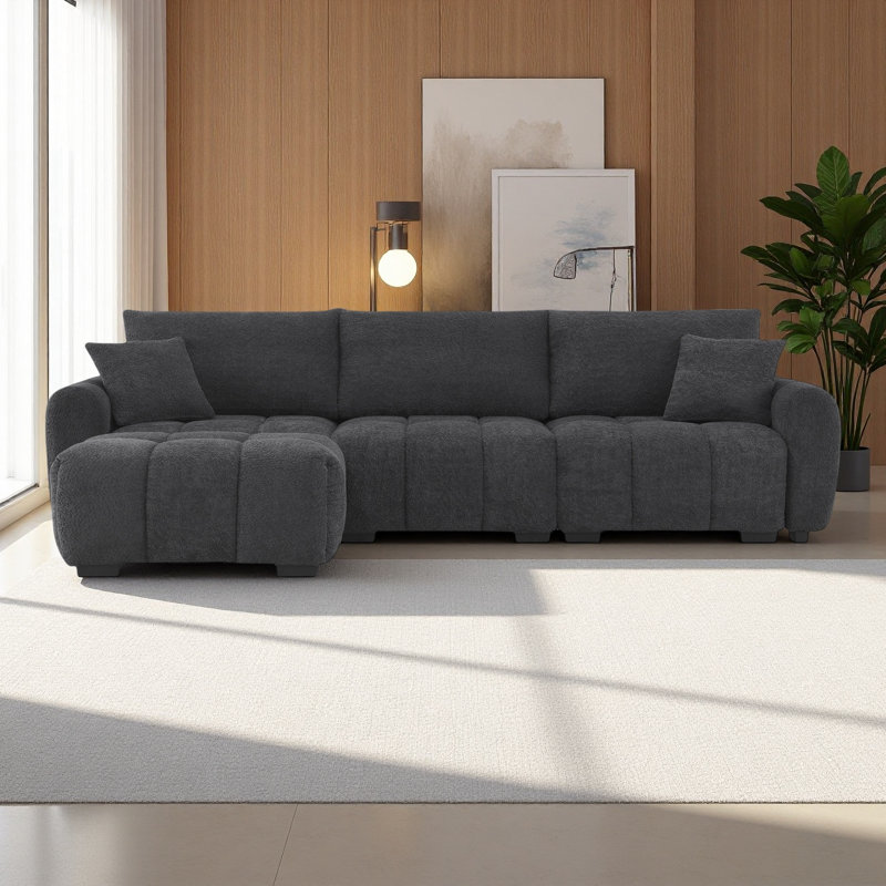 Canapé modulaire de 110 po, en forme de L avec siège très grand, conception à tirette, repose-pieds mobile, mousse haute densité, combinaison libre, structure en métal et en bois robuste, tissu bouclé