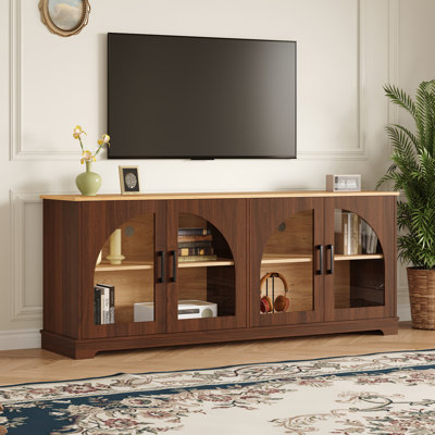Meuble télé pour téléviseur de 70 po ou moins, console de rangement spacieuse, portes en verre semi-arquées, maison de campagne moderne, salon