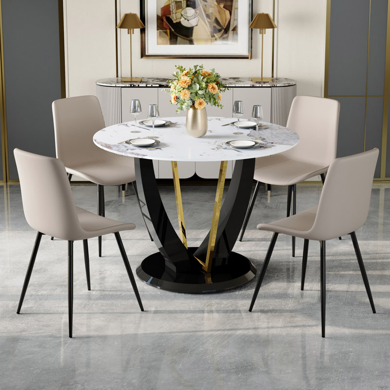 Table And Chair Set.42 Inch Diameter Round Tempered Glass Pandora Marble Patterned Dining Table - V-Shaped MDF Legs.Paired With 4 Gray Artificial PU Chairs With Curved Widened Cushion Design.