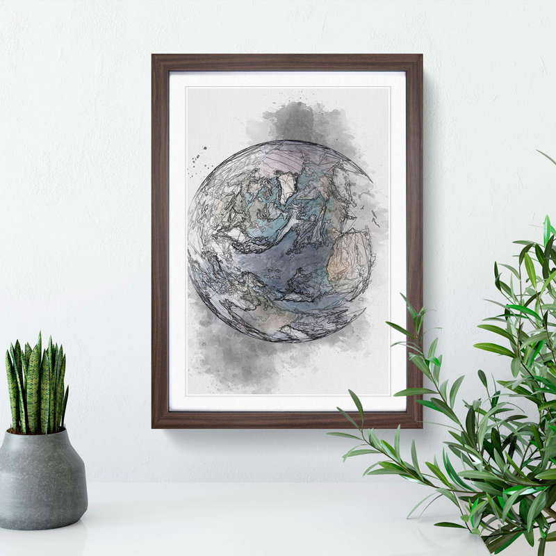 Blue Marble of Planet Earth in Abstract - Picture Frame Drawing Print, 87cm H x 62cm W x 2cm D, Walnut Framed