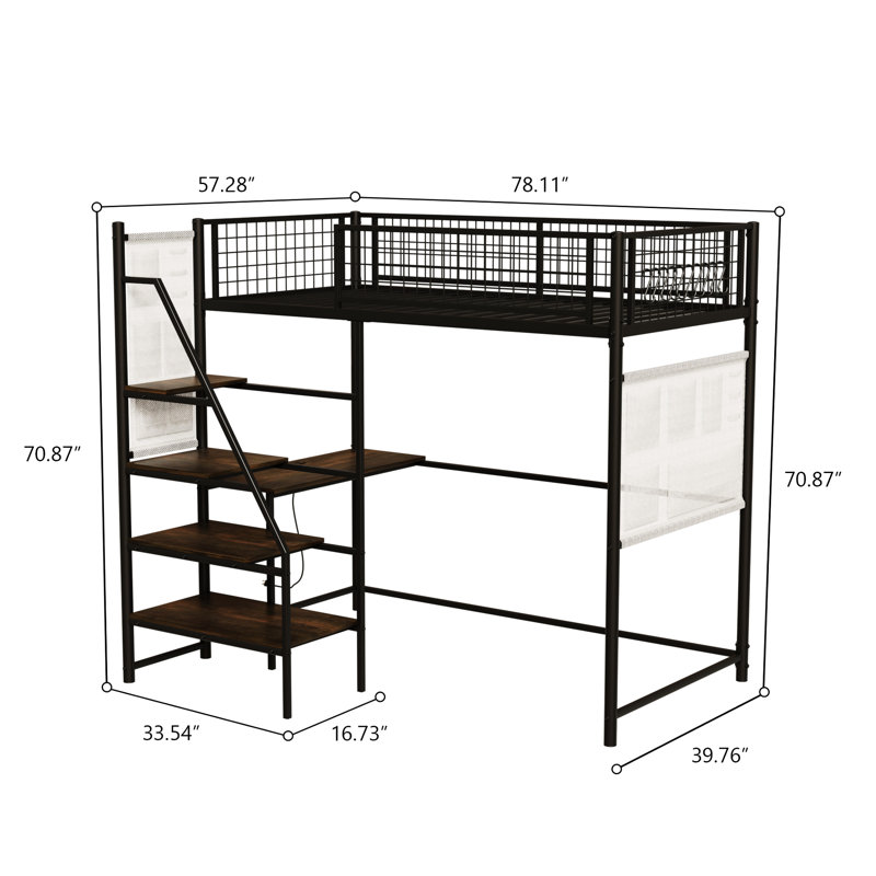 Lit mezzanine simple noir avec cadre et mesures en métal de tailles multiples