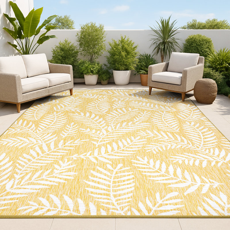 Tapis intérieur / extérieur jaune / crème Crossreagh Nevis, Rectangle 7 pi 9 po x 10 pi