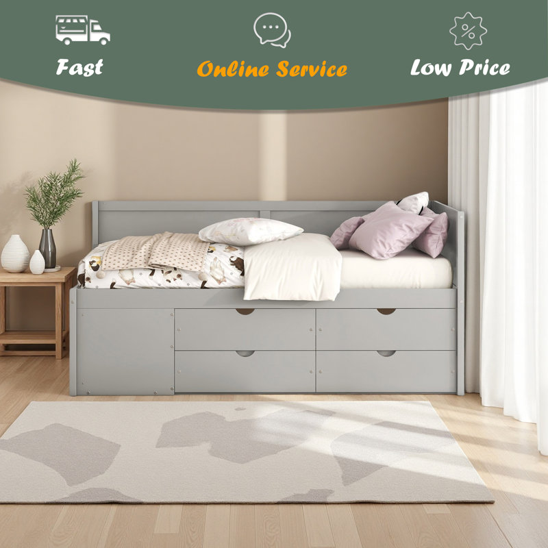 Lit de jour avec tiroirs et tablettes, Gris, Lit simple