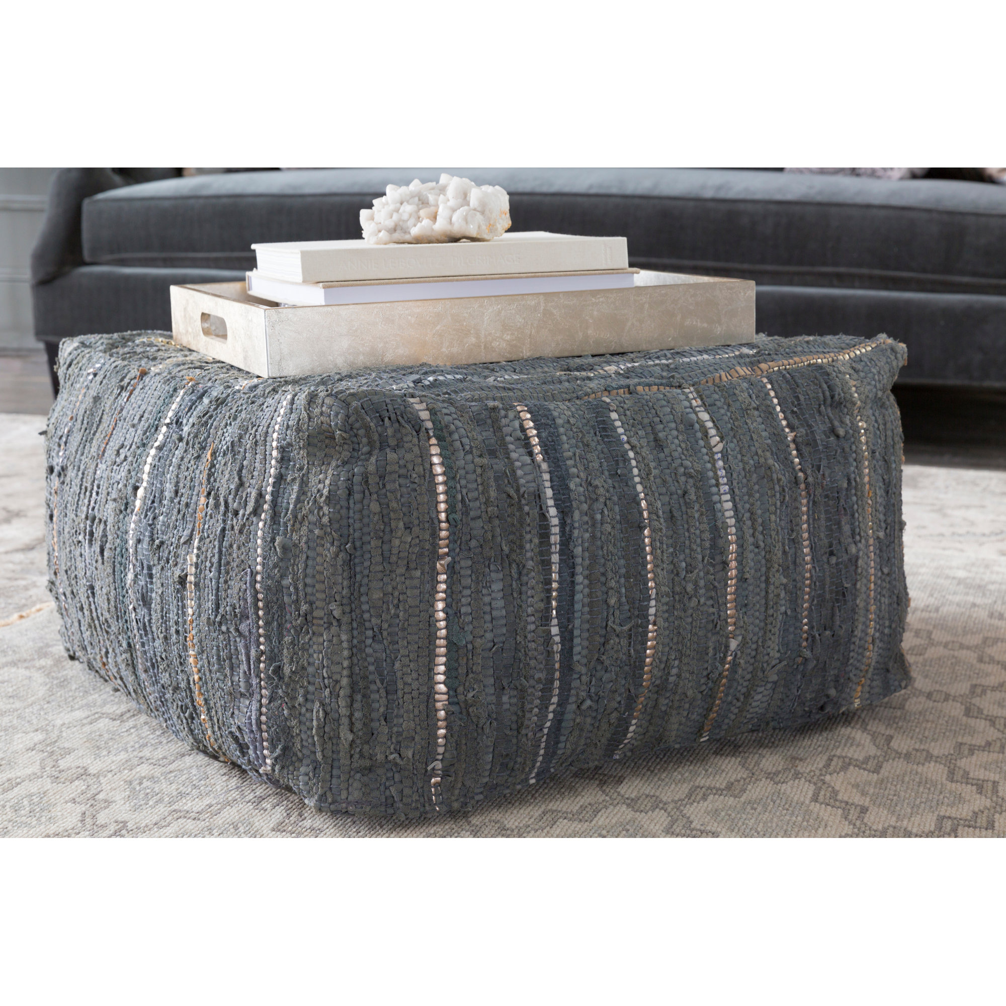 Carden Leather Pouf, Dark Green Genuine Leather