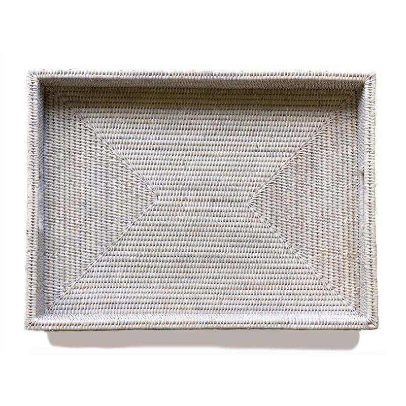 Rattan/Wicker Decorative Tray, 3" H x 26" W x 19" D, White Wash