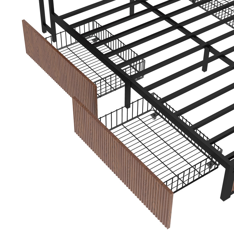 Brown Wooden Platform Bed Frame with Raised Pattern, Multi Storage Drawers and Bedside Socket